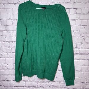 Talbots Kelly Green Cable Knit Sweater Buttons Crewneck Long Sleeve Large